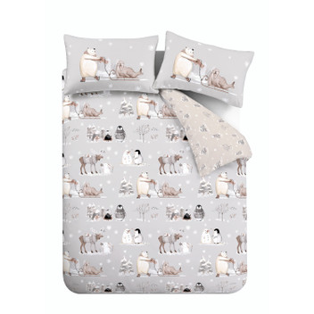 Catherine Lansfield Brushed Cotton Winter Animals Grey Festive Duvet Cover Set
