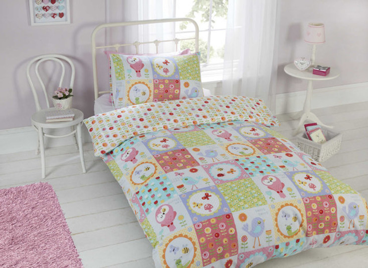 Birdie Patchwork Kids Floral Spring Summer Soft Duvet Cover Set Bedding