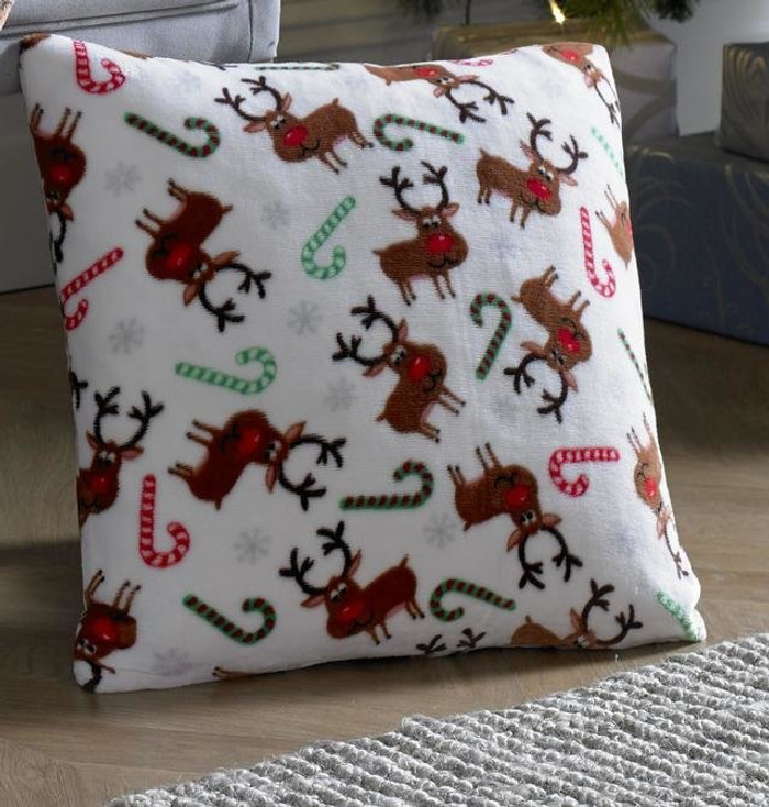 Christmas Festive Rudolph Reindeer Candy Cane Supersoft Filled Cushion
