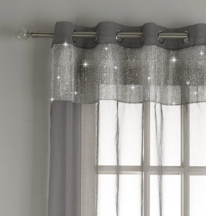 Tiffany Diamante Glitz Voile Curtain Panels Eyelet Ring Top Single Panel