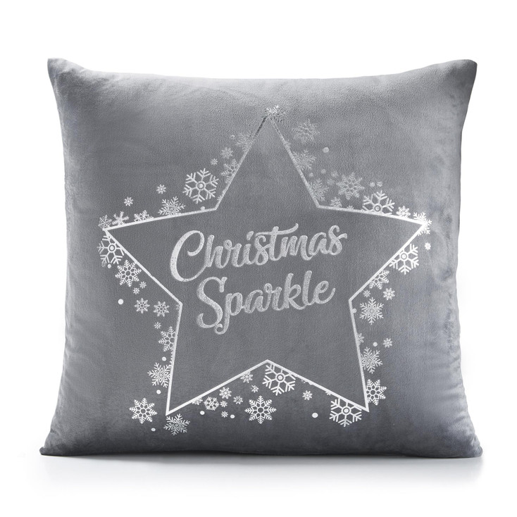 Christmas Sparkle Grey Velvet Silver Metallic Shiny Snowflakes Filled Cushion