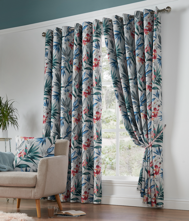 Florida Fuschia Teal Bright Floral Leaf Blockout Eyelet Ring Top Curtains Pair