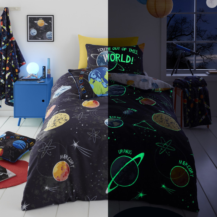 Outer Space Black Intergalactic Cosmic Planets Glow In The Dark Duvet Cover Set