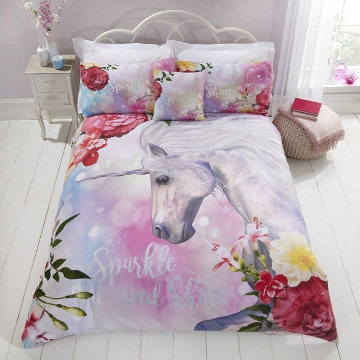 SPARKLE & SHINE Unicorn Floral Glitter Soft Duvet Cover Set