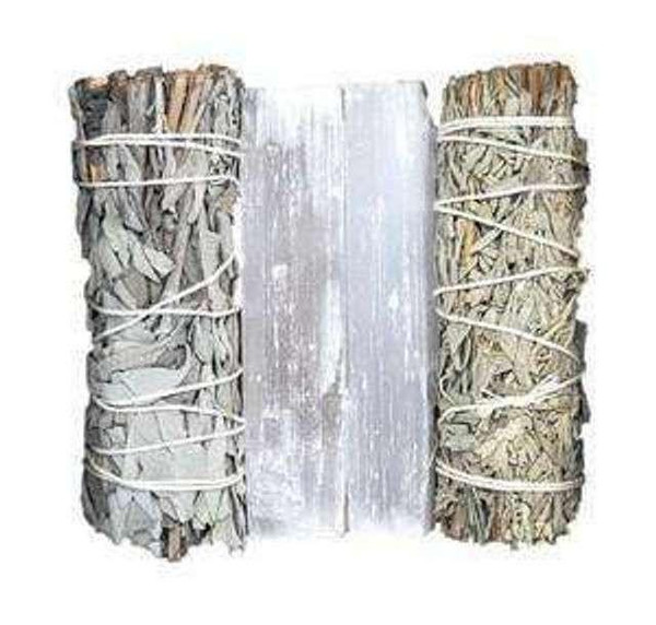 Calm & Cleanse Ritual Kit, bundle of three sage smudging sticks with a large sage bundle in the center, used for cleansing negative energy.