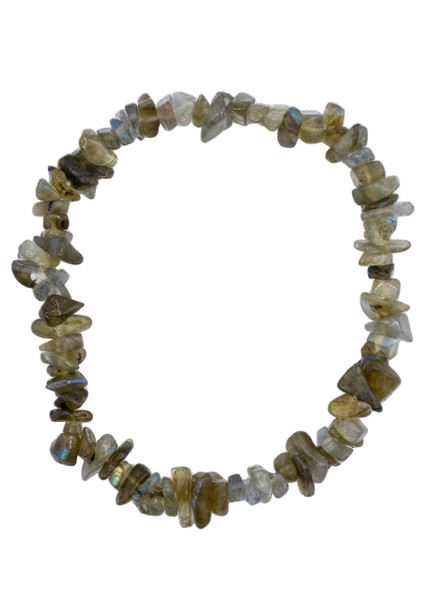 Labradorite Chip Stretch Bracelet, an elastic bracelet made of irregular labradorite gemstone chips with a lustrous, iridescent surface.