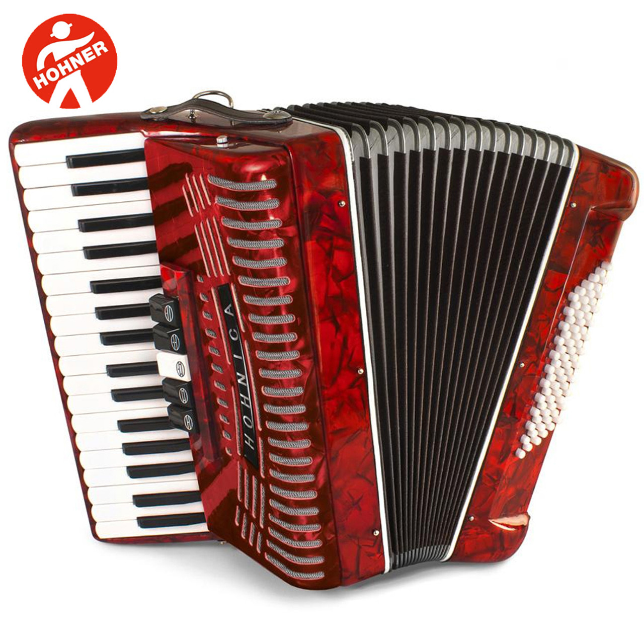 Hohner 1305 72 Bass 5 Switch Beginner Piano Accordion - Red with Gig Bag  and Straps