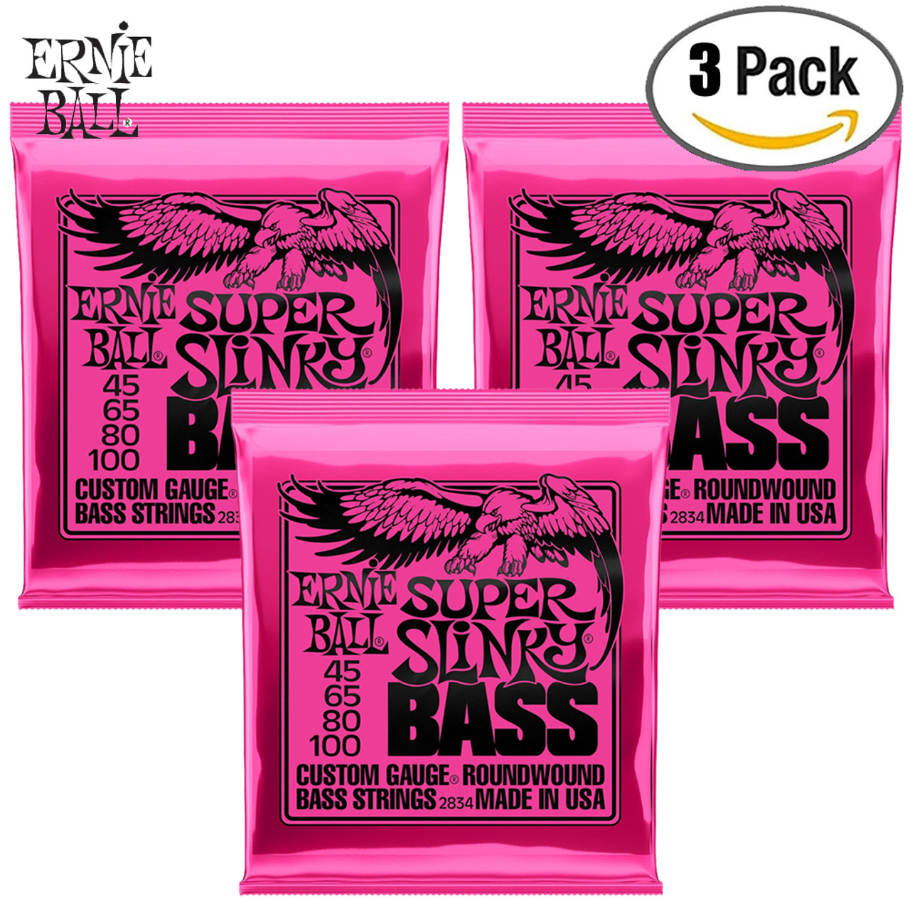 3-PACK Ernie Ball 2834 Super Slinky Round Wound Steel 4-String Bass Strings  45-100