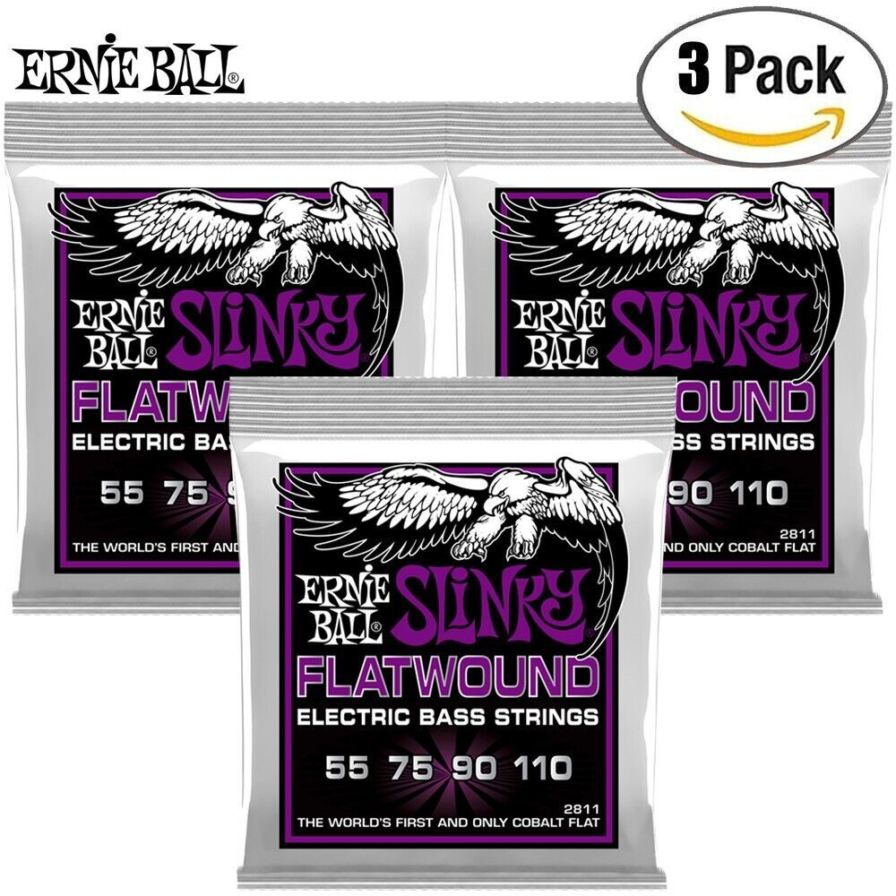 3PACK Ernie Ball 2811 Power Slinky Flatwound Electric Bass Strings 55