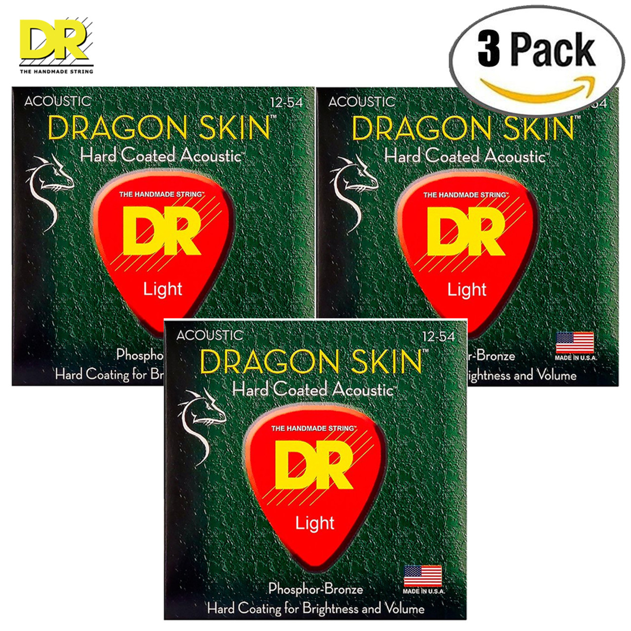 3-PACK DR DSA-12 Dragon Skin Phosphor Bronze Coated Acoustic Guitar Strings  12-54 | Alchemy Musical Supply