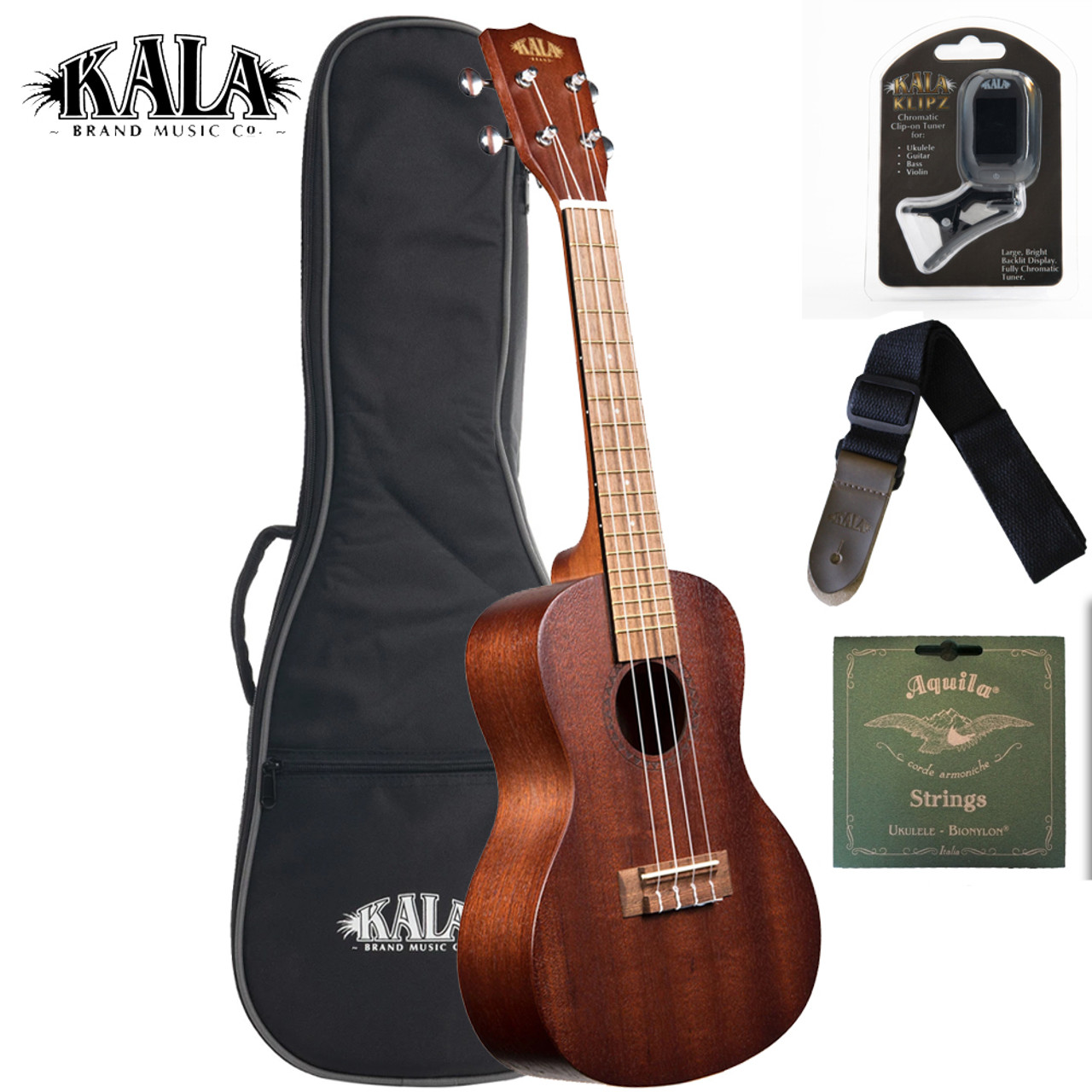 Kala KA-15C Concert Ukulele Bundle Package with Bag, Strap, Tuner