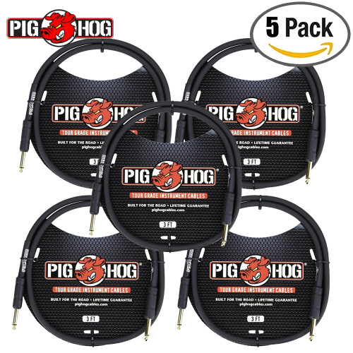 5-PACK Pig Hog PH3 High Performance 8mm 1/4" Guitar Instrument Cable 3FT 5-PACK Pig Hog PH3 High Performance 8mm 1/4" Guitar Instrument Cable 3FT