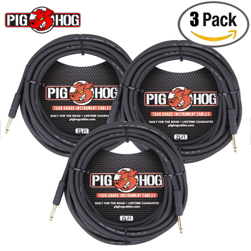 3-PACK Pig Hog PH25 Black 1/4" Guitar Instrument Cable Mono Patch Cord 25FT 3-PACK Pig Hog PH25 Black 1/4" Guitar Instrument Cable Mono Patch Cord 25FT