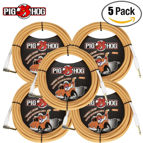 5-PACK Pig Hog PCH202OCR 20FT 1/4" Straight to Right Angle Orange Creme Guitar Cable 5-PACK Pig Hog PCH202OCR 20FT 1/4" Straight to Right Angle Orange Creme Guitar Cable
