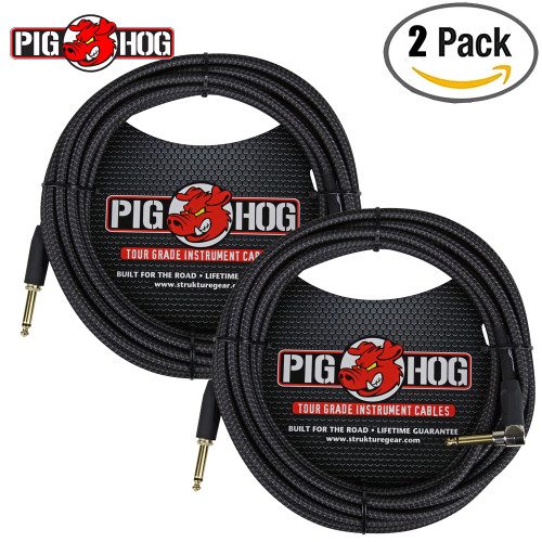 2-PACK Pig Hog PCH20BKR Black Woven 20FT Straight - Right Angle 1/4" Instrument Cable 2-PACK Pig Hog PCH20BKR Black Woven 20FT Straight - Right Angle 1/4" Instrument Cable