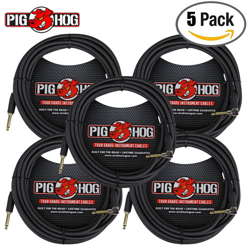 5-PACK Pig Hog PCH20BKR Black Woven 20FT Straight - Right Angle 1/4" Instrument Cable 5-PACK Pig Hog PCH20BKR Black Woven 20FT Straight - Right Angle 1/4" Instrument Cable