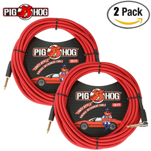 2-PACK Pig Hog PCH20CAR 1/4" Straight-Right Angle 20FT Instrument Cable Candy Apple Red 2-PACK Pig Hog PCH20CAR 1/4" Straight-Right Angle 20FT Instrument Cable Candy Apple Red