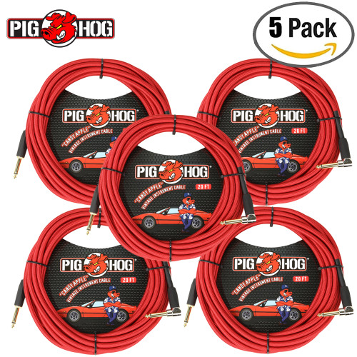 5-PACK Pig Hog PCH20CAR 1/4" Straight-Right Angle 20FT Instrument Cable Candy Apple Red 5-PACK Pig Hog PCH20CAR 1/4" Straight-Right Angle 20FT Instrument Cable Candy Apple Red