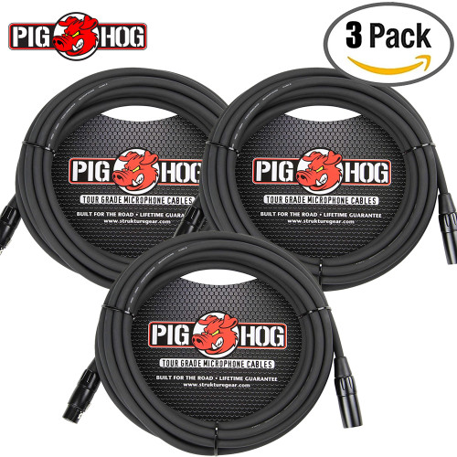3-PACK Pig Hog 8MM 15FT XLR Male to Female High Performance Tour Grade Cable Black