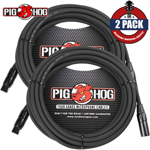 2-PACK Pig Hog 25FT PHM25 XLR Male to Female 8mm Tour Grade Microphone Cable Black