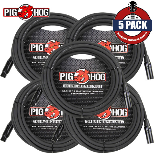 5-PACK Pig Hog 25FT PHM25 XLR Male to Female 8mm Tour Grade Microphone Cable Black