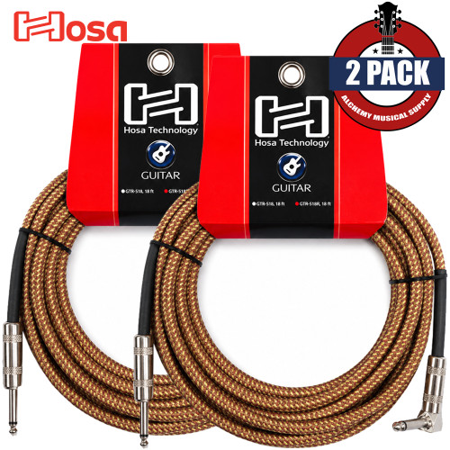 2-PACK Hosa 18FT 1/4" to Right Angle 24AWG Vintage Tweed Instrument Cable GTR-518R