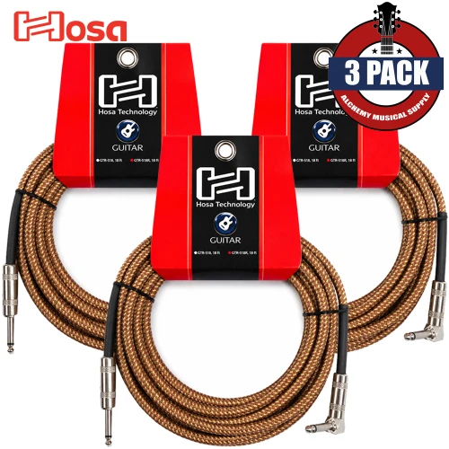 3-PACK Hosa 18FT 1/4" to Right Angle 24AWG Vintage Tweed Instrument Cable GTR-518R