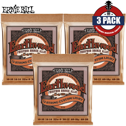 3-PACK Ernie Ball 2152 Earthwood Custom Light 12-String Acoustic Guitar Strings