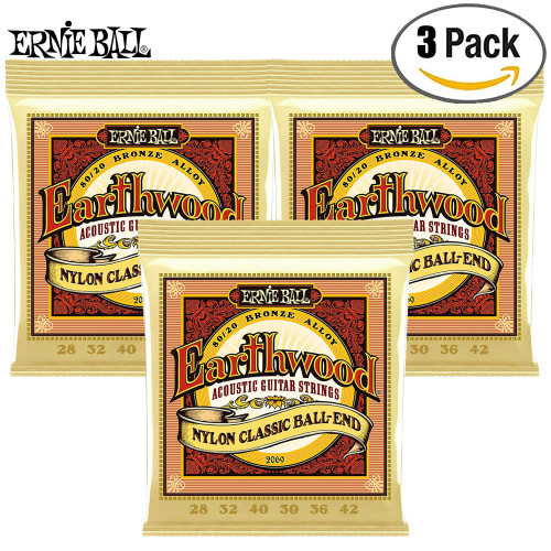 3-PACK Ernie Ball 2069 Earthwood Folk Nylon 80/20 Bronze Acoustic Guitar Strings 28-42