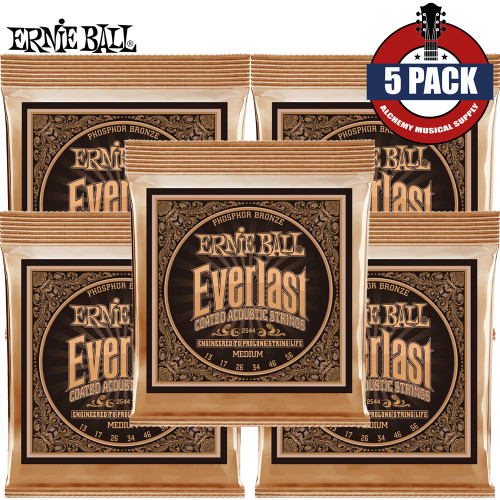 5-PACK Ernie Ball 2544 Everlast Coated Phosphor Bronze Acoustic Guitar Strings 13-56