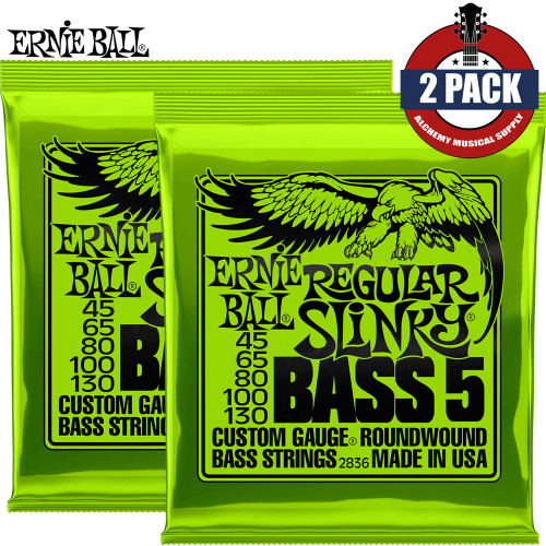 2-PACK Ernie Ball 2836 Regular Slinky Nickel 5-String Electric Bass Strings 45-130