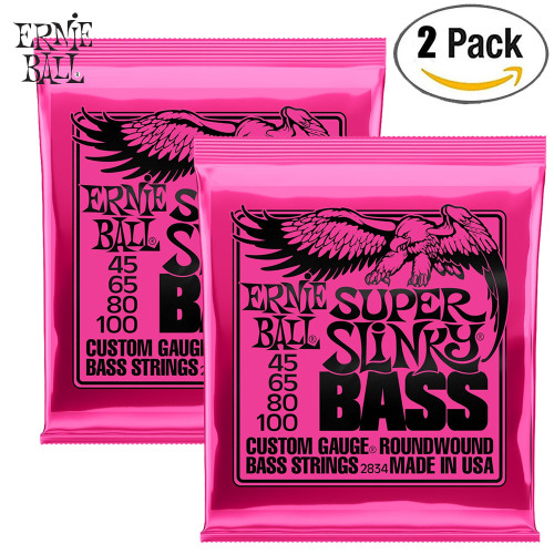 2-PACK Ernie Ball 2834 Super Slinky Round Wound Steel 4-String Bass Strings  45-100