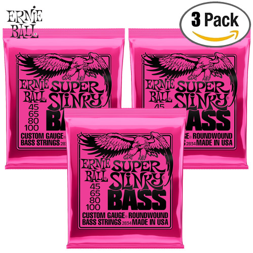 3-PACK Ernie Ball 2834 Super Slinky Round Wound Steel 4-String Bass Strings 45-100