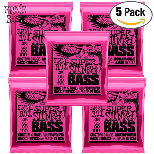 5-PACK Ernie Ball 2834 Super Slinky Round Wound Steel 4-String Bass Strings 45-100