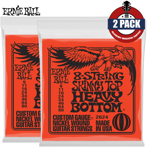 2-PACK Ernie Ball 2624 8-String Skinny Top Heavy Bottom Electric Guitar Strings 9-80