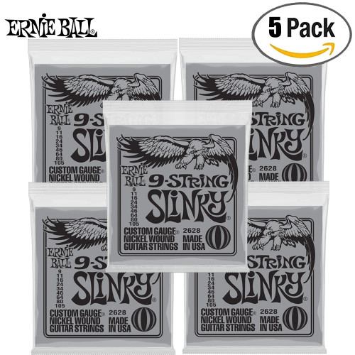 5-PACK Ernie Ball 2628 9-String Slinky Nickel Wound Electric Guitar Strings 9-105