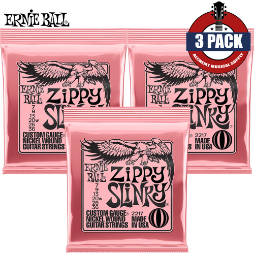 3-PACK Ernie Ball 2217 Zippy Slinky Nickel Wound Electric Guitar Strings 7-36