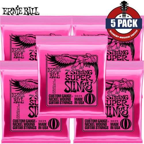 5-PACK Ernie Ball 2623 Super Slinky 7-String Electric Guitar Strings 9-52