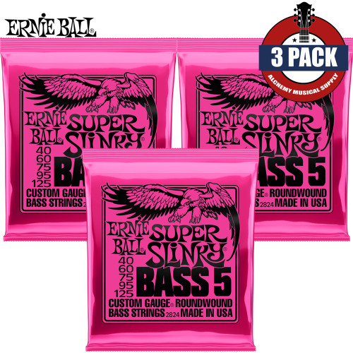 3-PACK Ernie Ball 2824 Super Slinky 5-String Nickel Electric Bass Strings 40-125