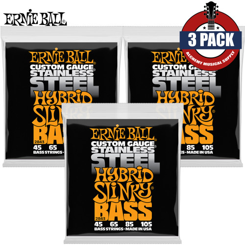 3-PACK Ernie Ball 2843 Hybrid Slinky Stainless Steel Electric Bass String 45-105