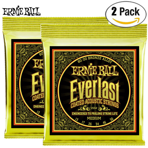 2-PACK Ernie Ball 2554 Everlast Coated 80/20 Bronze Guitar Strings 13-56