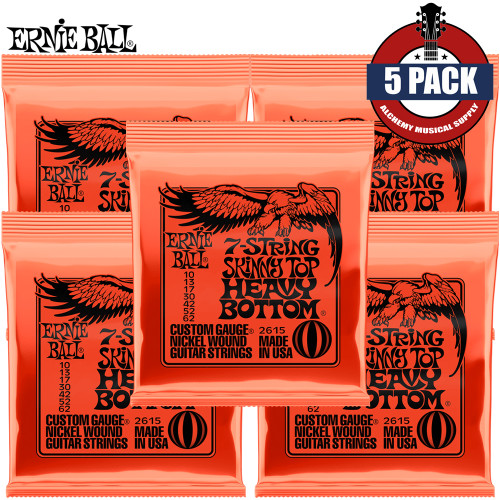 5-PACK Ernie Ball 2615 7-String Skinny Top Heavy Bottom Guitar Strings 10-62