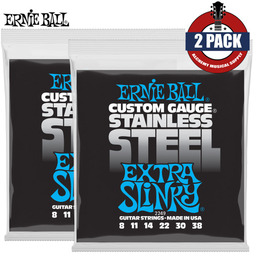 2-PACK Ernie Ball 2249 Extra Slinky Stainless Steel Electric Guitar Strings 8-38