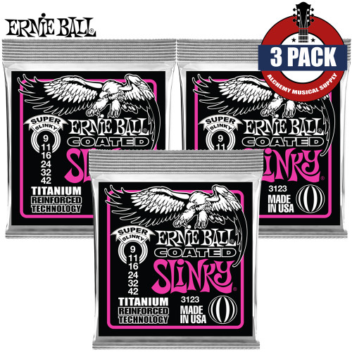 3-PACK Ernie Ball 3123 Super Slinky Coated Titanium Electric Guitar Strings 9-42