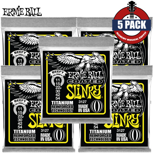 5-PACK Ernie Ball 3127 beefy Slinky Coated Titanium Guitar Strings 11-54