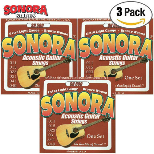 3-PACK Sonora SN500 Acoustic Guitar Strings 11-49 Juego Cuerdas Metal MADE IN US