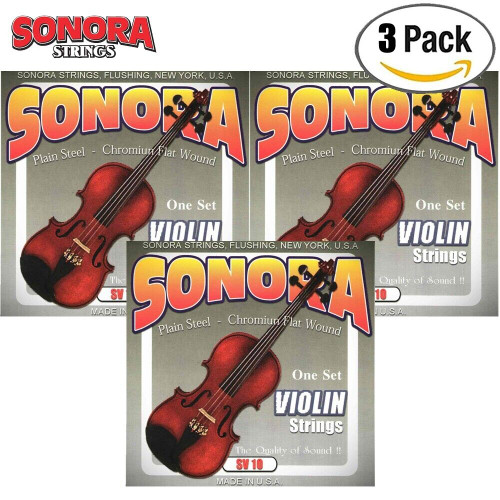 3-PACK Sonora SV10 Plain Steel Chromium Flat Wound Violin Strings MADE IN USA
