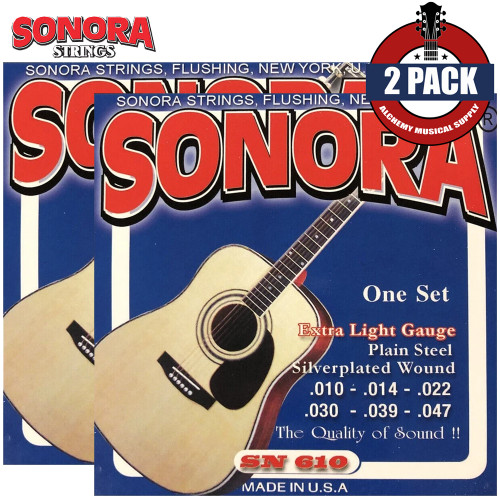 2-PACK Sonora SN610 Extra Light 10-47 Silver Plated Acoustic Guitar Strings