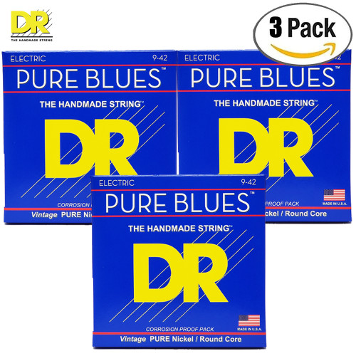 3-PACK DR PHR-9 Pure Blues Pure Nickel Electric Guitar Strings Light 9-42