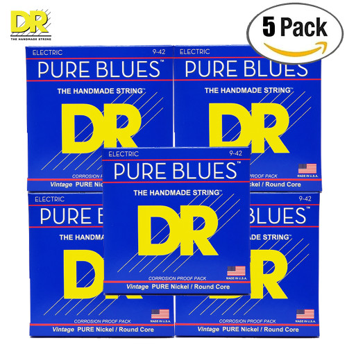 5-PACK DR PHR-9 Pure Blues Pure Nickel Electric Guitar Strings Light 9-42